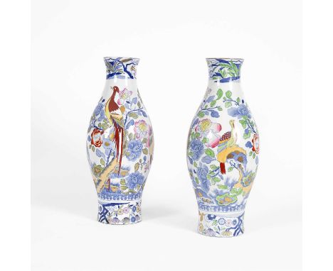 A pair of Masons ironstone vases, 19th Century, printed and painted with exotic birds on flowering branches, printed marks to