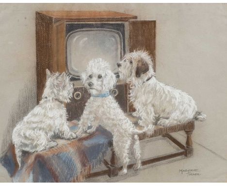ARR Marjorie Turner (20th Century)Two Yorkshire Terriers and a Poodlesitting in front of a televisionsigned lower rightpastel