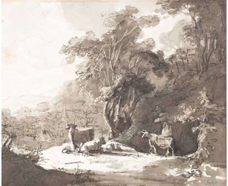 Manner of Thomas Gainsborough (1727-1788)Cattle in a Landscapepencil with grey wash17cm x 20.5cma pencil mechanical sketch to