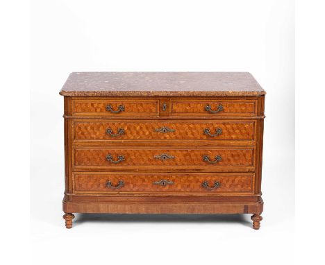 A Continental marble-topped commode, fitted with two short over three long drawers with parquetry fronts, on turned feet, 123