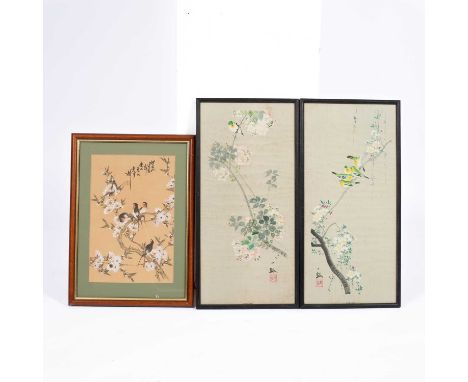 A pair of Chinese prints of blossom 'Autumn' and 'Spring', 55cm x 26cm and a modern Chinese painting of birds on a branch amo