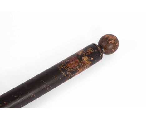 A Georgian turned wood truncheon with a ball finial above a painted tapering shaft, decorated with the Royal Coat of Arms in 