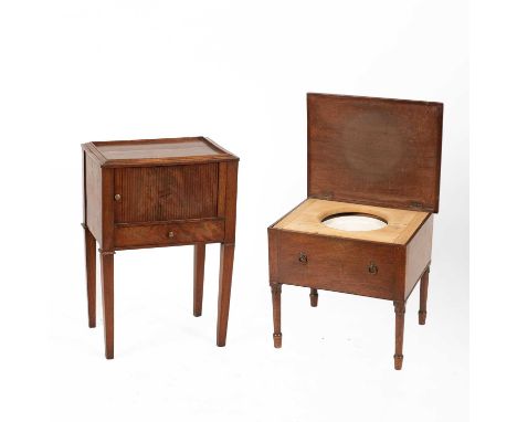 A late 19th Century mahogany tambour fronted bedside table, the top with a moulded frame, fitted with a single drawer on squa