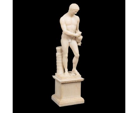 An alabaster figure of Dionysus, holding a ewer to his side and leaning on a pillar clad with grapes, on a fluted sqaure plin