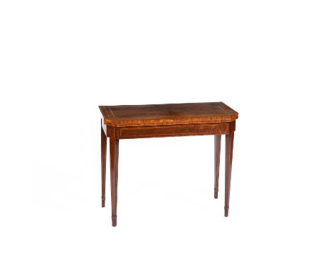 A Regency rosewood and satinwood banded card table, the fold-over top with canted corners and lined with blue baize, on squar
