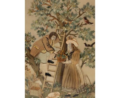 A 19th Century silk work collage depicting a couple gathering birds from a tree, made from various silk fabrics, feathers, ha