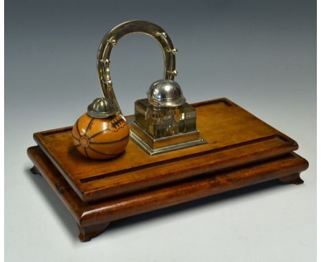 Victorian Ink Stand with Horseshoe Motif a wooden stand with removable square glass inkwell and jockey cap lid, comes with an