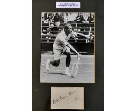 H.W "Bunny" Austin signed tennis display - with good signature and dated 1933 mounted below an image of Austin playing with h