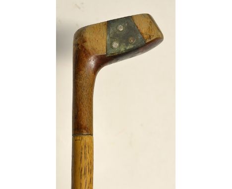 Period Sunday golf walking stick - fitted with a beech wood socket head golf club handle and flared metal face insert overall