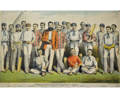 1880 'Famous English Cricketers' Print printed by Willatt & Grover Lithos Nottingham, a colour print depicting W.G. Grace, A.