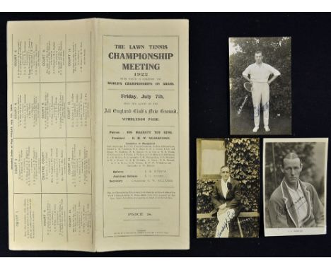 1922 Wimbledon Lawn Tennis Championship Meeting Programme and Signed Photo Cards to include R. Lycett (Wimbledon Men's Double