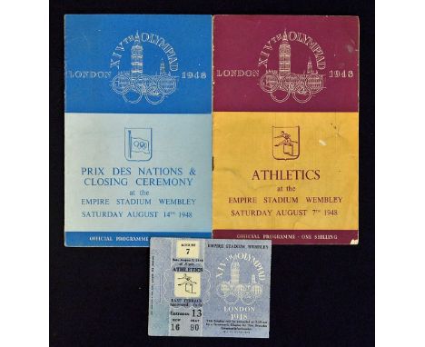 1948 London Olympics Programmes and Ticket including Athletics programme and ticket dated 7th August and Closing Ceremony pro