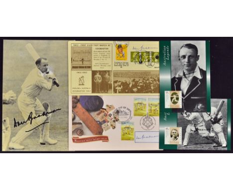 Don Bradman Signed Cricket Selection to include 2x First Day Covers, 2x Postcards and a photograph with Ken Kelly stamped to 