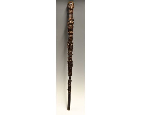 Rare treen dark stained carved walking stick c. 1900 -  carved handle and shaft featuring a cricket figure holding a cricket 