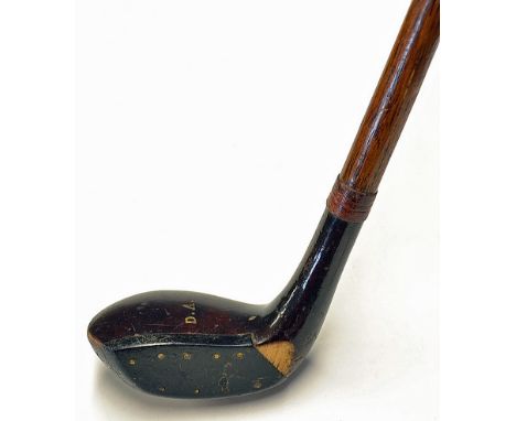 Period Sunday golf walking stick - fitted with socket head golf club handle with black fibre face insert and stamped D.A. to 