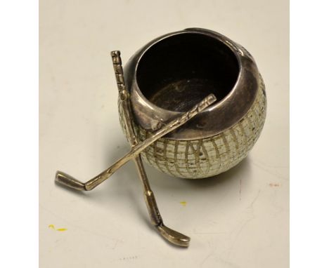 Scarce Guttie golf ball inkwell c.1890's - c/w Birmingham silver hallmarked (1899) rim, striker and white metal crossed golf 