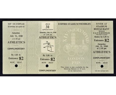 1948 London Olympic Games ticket an unused complimentary ticket for the Athletic Events at the Empire Stadium, Wembley. Londo