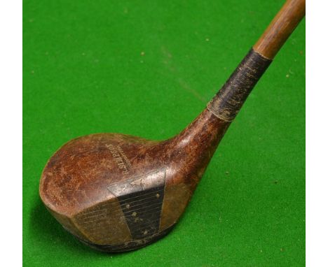 R Simpson Carnoustie Juvenile round sole spoon - triangular fibre face insert with an oval makers shaft stamp - overall 37" 