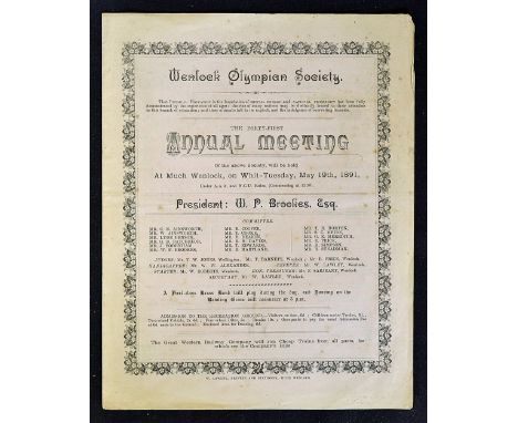 Scarce 1891 Wenlock Olympian Society Annual Games Meeting Programme comprising a single folded card for the Programme and Ent