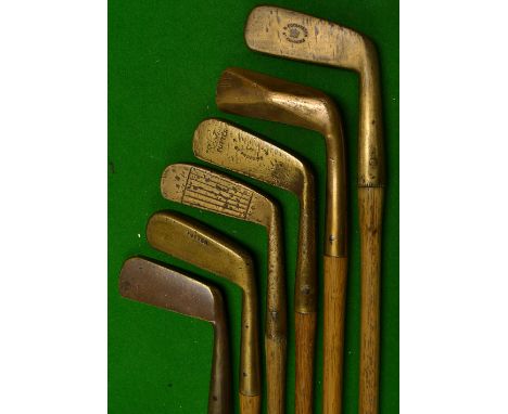 6x brass blade putters to incl R. Forgan Scotia, R Forgan Crown, unnamed  raised diamond  back goose neck et al including one