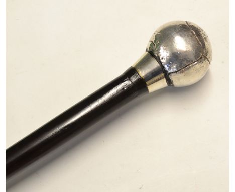 Interesting white metal feathery golf ball handle walking stick fitted with dark stained shaft with metal tip overall 35 ½ in