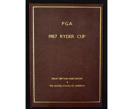 Rare 1987 Ryder Cup VIP signed programme - bound in leather and gilt boards and signed to the front free end plate by the fir