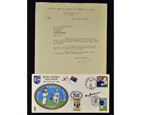 Signed Don Bradman 1948 Australian Cricket Tour Letter and First Day Cover the letter dated 23 April 1948 on Australian Board