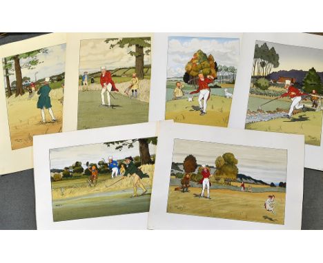 Elliott, Harry (After) SET OF 6 AMUSING COLOURED GOLFING PRINTS OF VICTORIAN GOLFERS PLAYING GOLF - each measures overall 17.