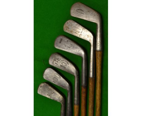 6x various irons ranging from cleek to a mashie makers include Tom Stewart, Charles Warren Knocke Belgium, R Anderson & Son E