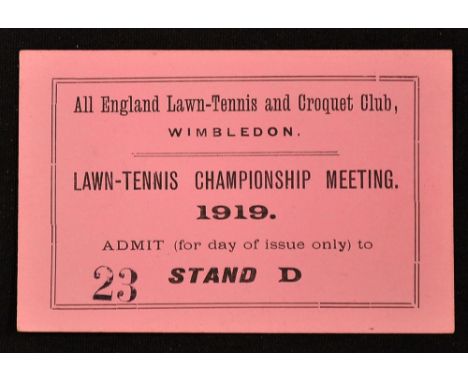 Rare 1919 Wimbledon lawn tennis stand ticket - pink coloured ticket no. 23 Stand D played at Worple Road Wimbledon (G) 