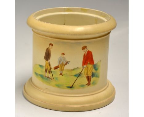 Carlton ware golfing humidor/biscuit barrel - decorated with Vic. Golfers playing golf and Far & Sure banner - minus lid and 