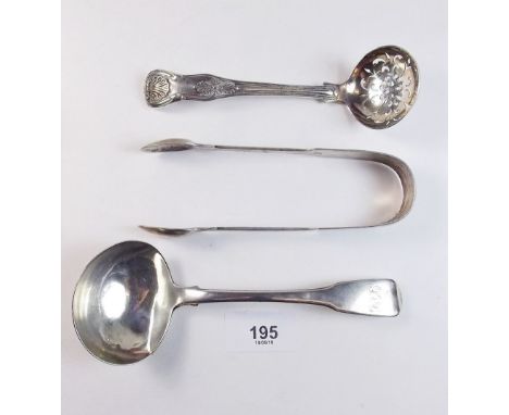 A pair of silver sugar tongs, a silver sifter spoon - London 1830 and silver sauce ladle, 159g