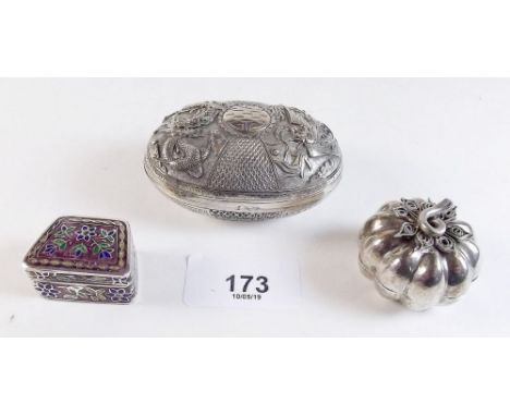 A Burmese oval white metal box decorated dragons and a pumpkin form box marked 90 and a silver and enamel box, 94g