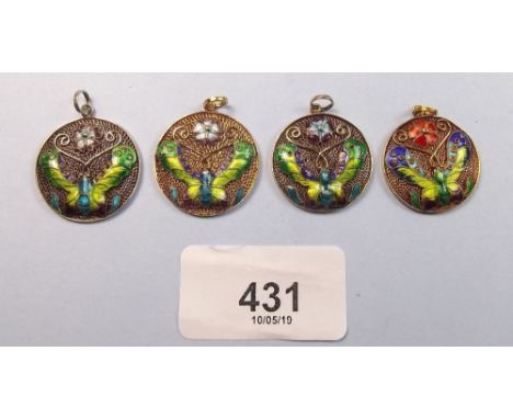 Four Eastern filigree and enamel butterfly pendants