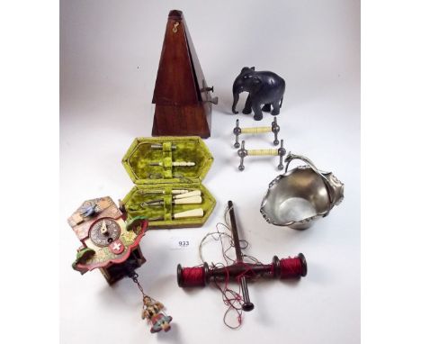 A metronome a/f and various collectables including cuckoo clock, reel holder etc