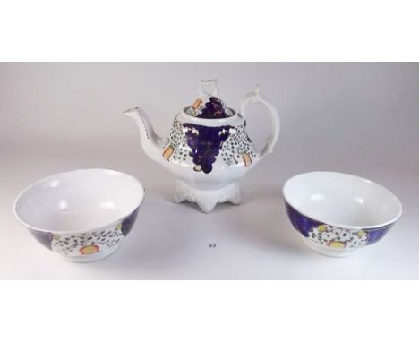 A Victorian Gaudy Welsh tea service comprising teapot, eight cups and saucers, three cake plates, two slop bowls, sugar (lack