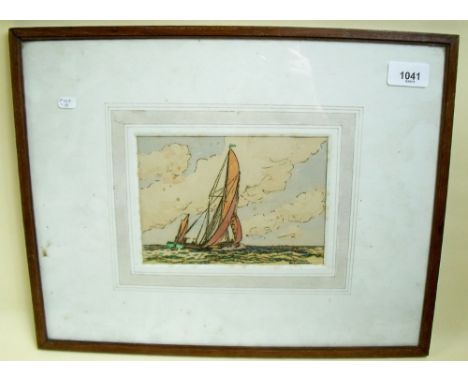 W A Cuthbertson - screen print of sailing boat - 12 x 17cm