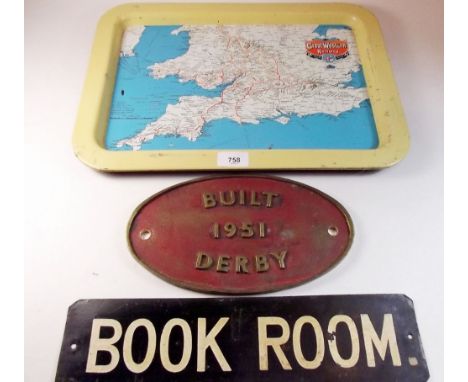 A locomotive cast iron engine plate 'Built Darby 1951', two GWR trays and a 'Book Room' sign