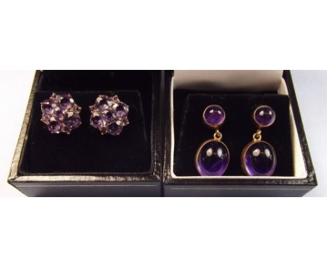 Two pairs of 9 carat gold amethyst set earrings