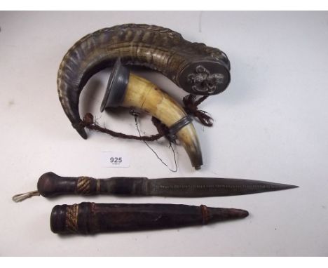 An old snuff mull, a mounted horn and an antique tribal dagger