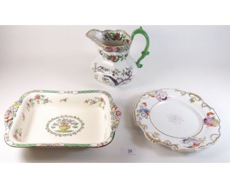 A floral painted Victorian plate, a stoneware floral jug and Spode 'Korea' rectangular dish