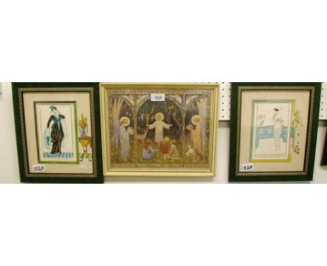 A pair of Art Deco style prints of ladies - 17 x 20cm, and a print by Margaret Tarrant