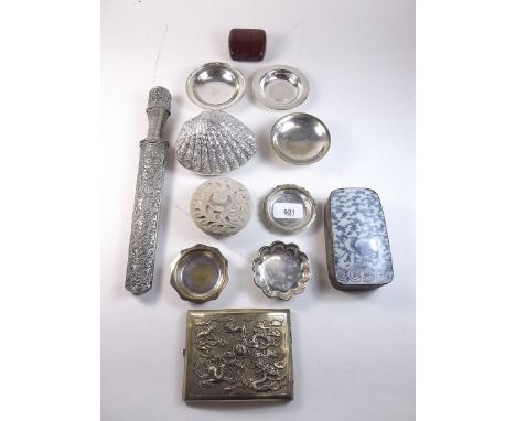 A silver plated shell form box, porcelain and metal box, silver plated cigarette case, various pin dishes, dagger etc