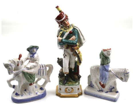 A pair of Rye Pottery figures and a Royal Naples miltary figures. Max. H31cm