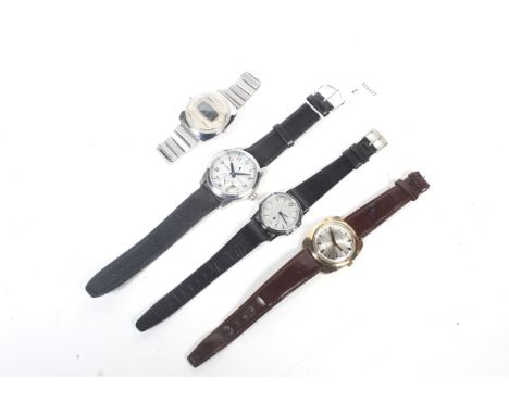 Timex, four vintage gentleman's wrist and bracelet watches including an automatic with a display-back. This on a black leathe