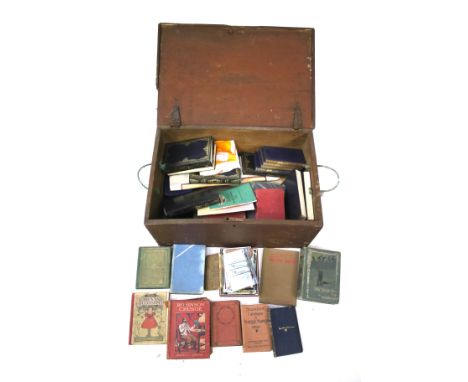 A collection of assorted vintage books in a wooden trunk. L64cm x D41cm x H30cm