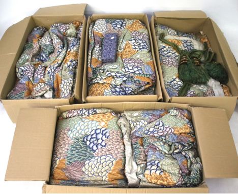 Two large pairs of floral pattern lined curtains (4 boxes). With rope and tassel tiebacks. Approximately 430cm x 310cm each