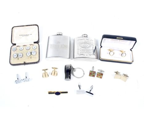 A mother of pearl dress set, various cufflinks, two metal hip flasks and other items. The dress set comprising a pair of roun