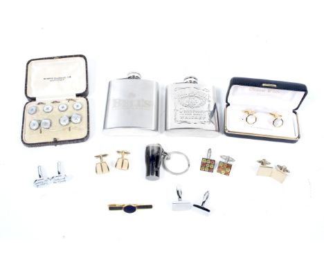 A mother of pearl dress set, various cufflinks, two metal hip flasks and other items. The dress set comprising a pair of roun