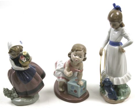 Two Lladro figures and a Nao figure. All depicting young girls, one playing with a hoop, another holding a basket of flowers.